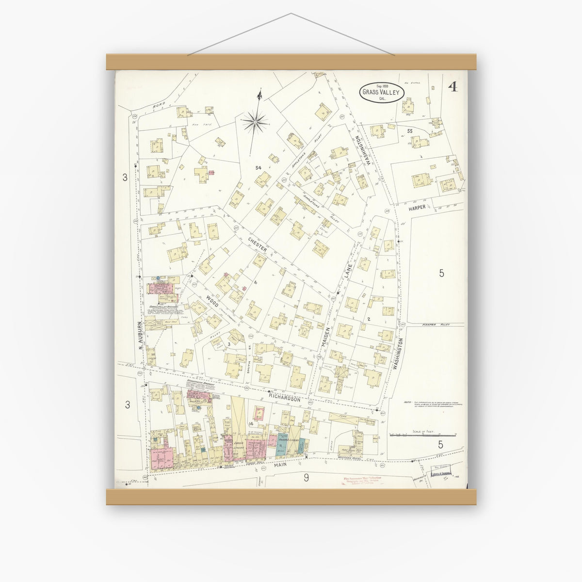 Old map wall art mockup — magnetic wood frame on white wall — Sanborn Fire Insurance Map from Grass Valley, Nevada County, California (1898), Sheet #0004