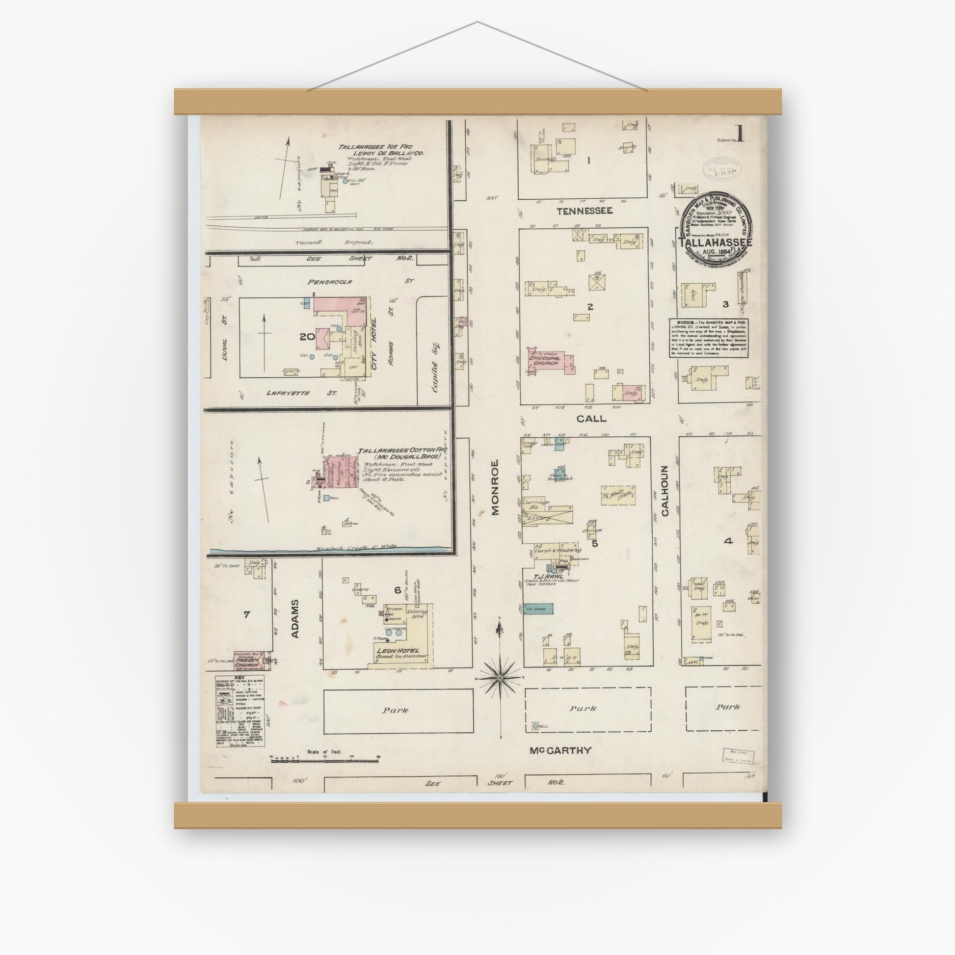 Old map wall art mockup — magnetic wood frame on white wall — Sanborn Fire Insurance Map from Tallahassee, Leon County, Florida (1884), Sheet #0001