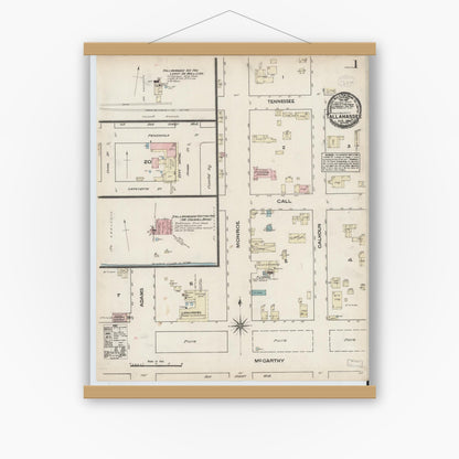 Old map wall art mockup — magnetic wood frame on white wall — Sanborn Fire Insurance Map from Tallahassee, Leon County, Florida (1884), Sheet #0001
