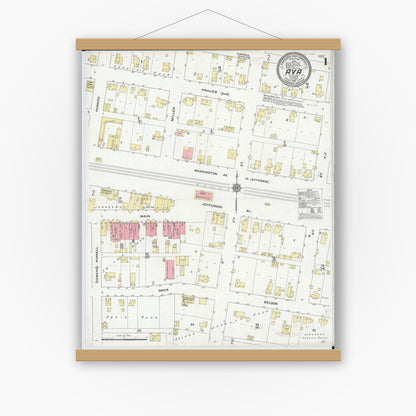 Old map wall art mockup — magnetic wood frame on white wall — Sanborn Fire Insurance Map from Ava, Jackson County, Illinois (1910), Sheet #0001