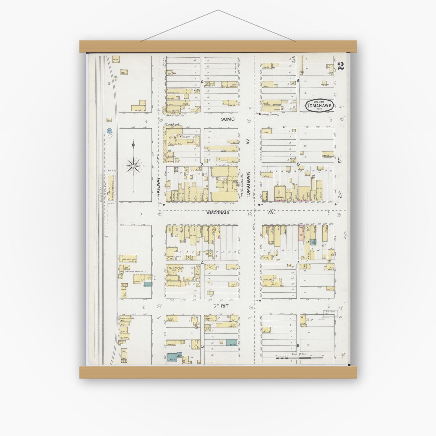 Old map wall art mockup — magnetic wood frame on white wall — Sanborn Fire Insurance Map from Tomahawk, Lincoln County, Wisconsin (1892), Sheet #0002