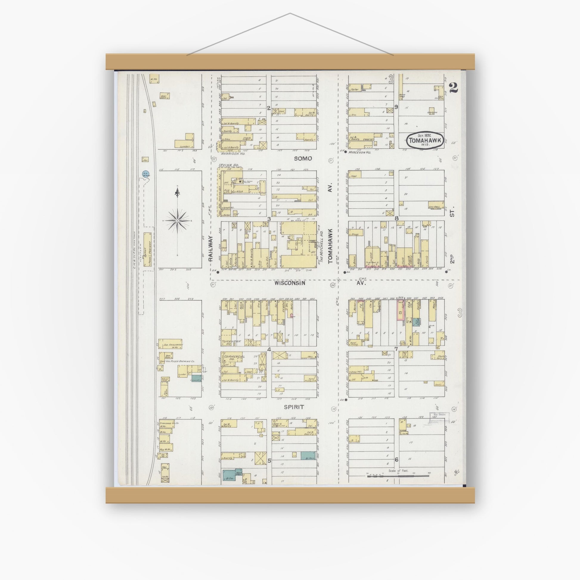 Old map wall art mockup — magnetic wood frame on white wall — Sanborn Fire Insurance Map from Tomahawk, Lincoln County, Wisconsin (1892), Sheet #0002