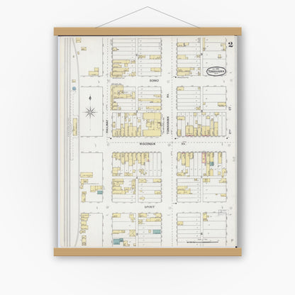 Old map wall art mockup — magnetic wood frame on white wall — Sanborn Fire Insurance Map from Tomahawk, Lincoln County, Wisconsin (1892), Sheet #0002