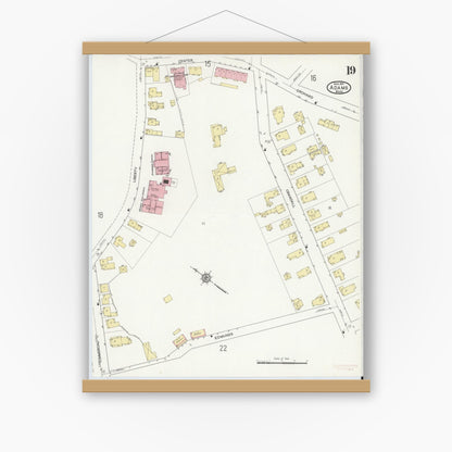 Old map wall art mockup — magnetic wood frame on white wall — Sanborn Fire Insurance Map from Adams, Berkshire County, Massachusetts (1914), Sheet #0019