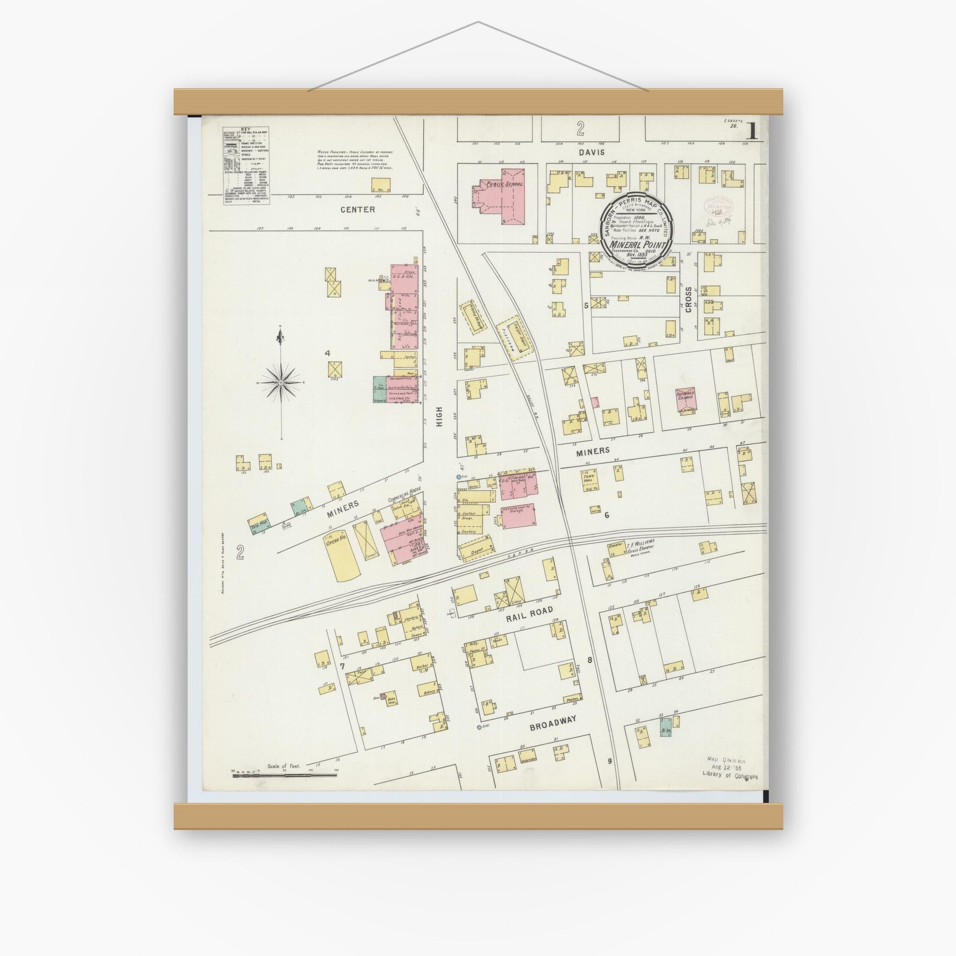 Old map wall art mockup — magnetic wood frame on white wall — Sanborn Fire Insurance Map from Mineral City, Tuscarawas County, Ohio (1895), Sheet #0001