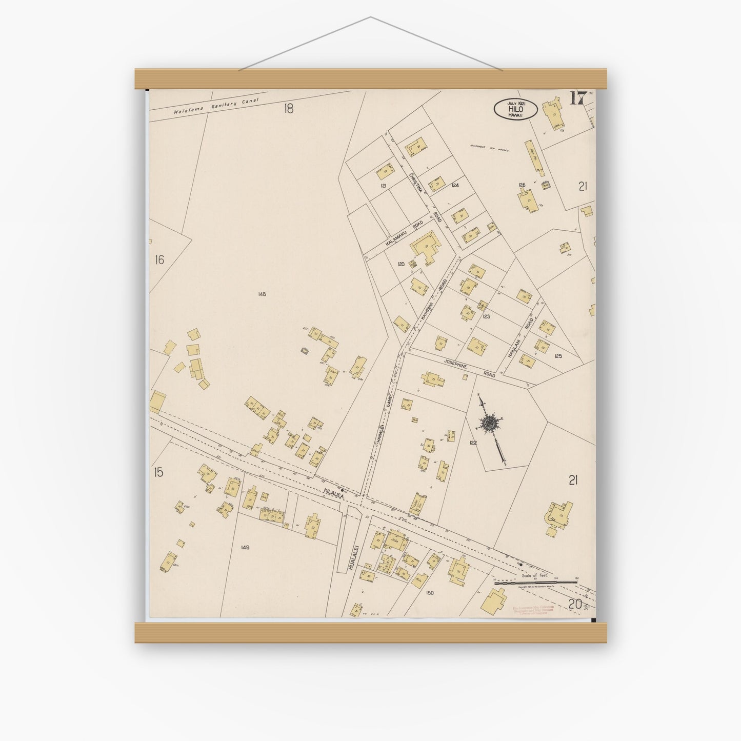 Old map wall art mockup — magnetic wood frame on white wall — Sanborn Fire Insurance Map from Hilo, Hawaii County, Hawaii (1921), Sheet #0017