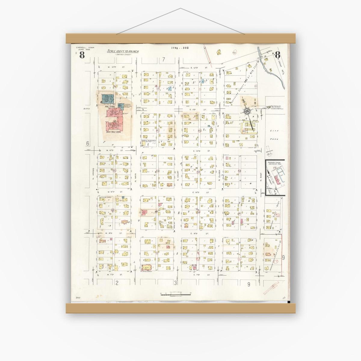 Old map wall art mockup — magnetic wood frame on white wall — Sanborn Fire Insurance Map from Carroll, Carroll County, Iowa (1948), Sheet #0008