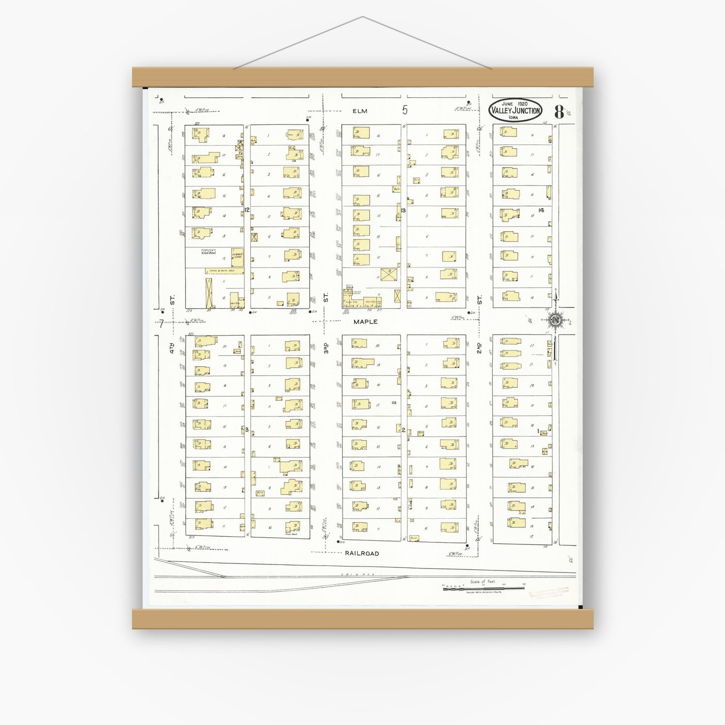 Old map wall art mockup — magnetic wood frame on white wall — Sanborn Fire Insurance Map from Valley Junction, Polk County, Iowa (1920), Sheet #0008