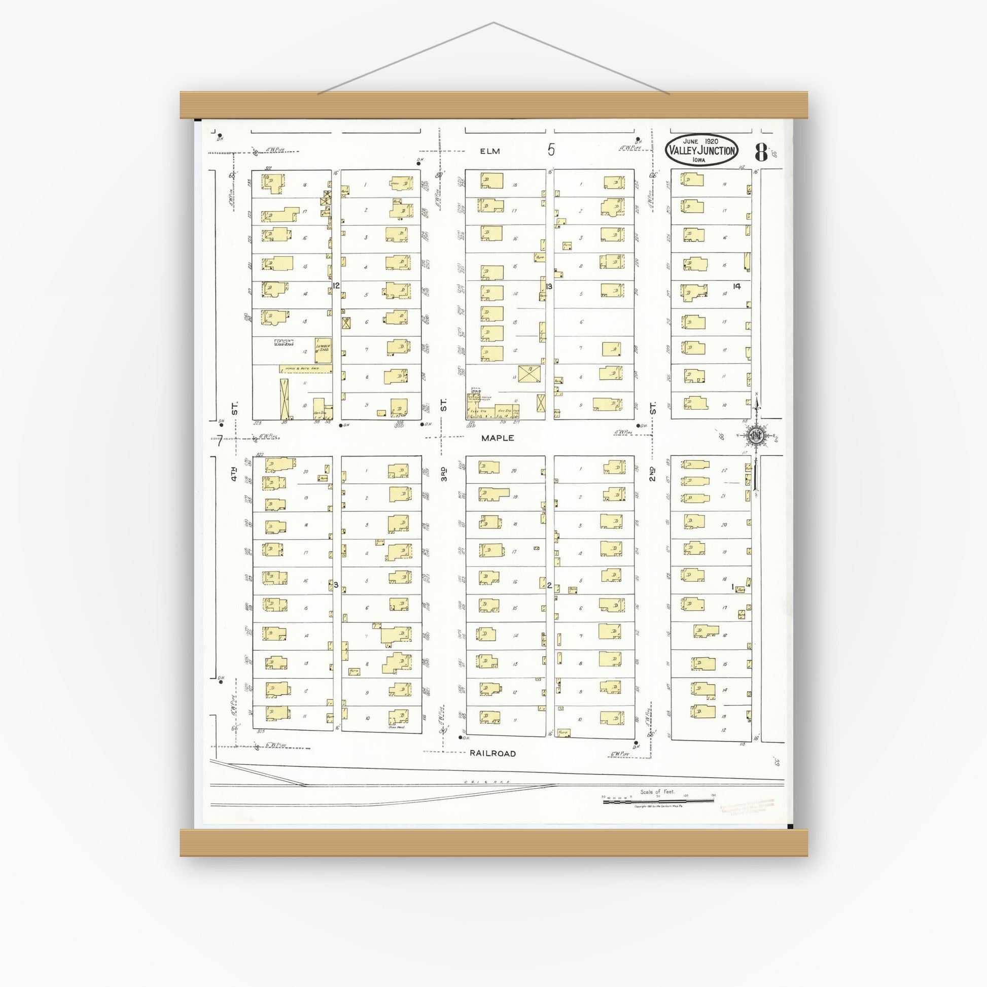 Old map wall art mockup — magnetic wood frame on white wall — Sanborn Fire Insurance Map from Valley Junction, Polk County, Iowa (1920), Sheet #0008