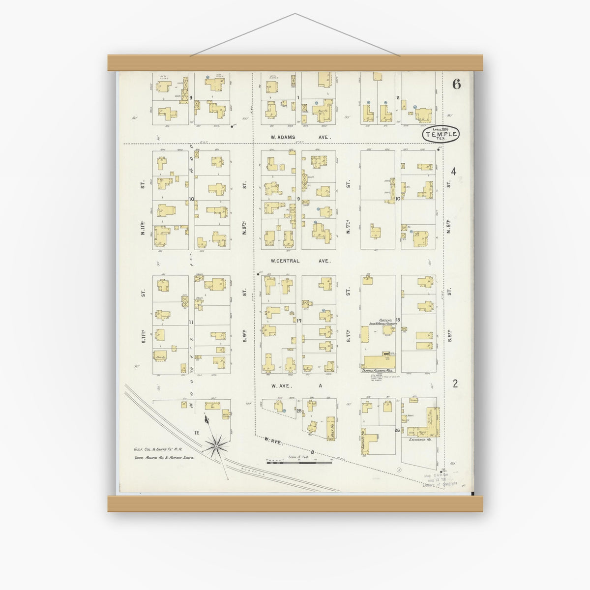 Old map wall art mockup — magnetic wood frame on white wall — Sanborn Fire Insurance Map from Temple, Bell County, Texas (1896), Sheet #0006