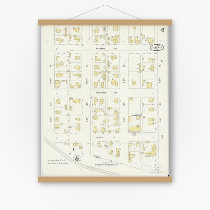 Old map wall art mockup — magnetic wood frame on white wall — Sanborn Fire Insurance Map from Temple, Bell County, Texas (1896), Sheet #0006