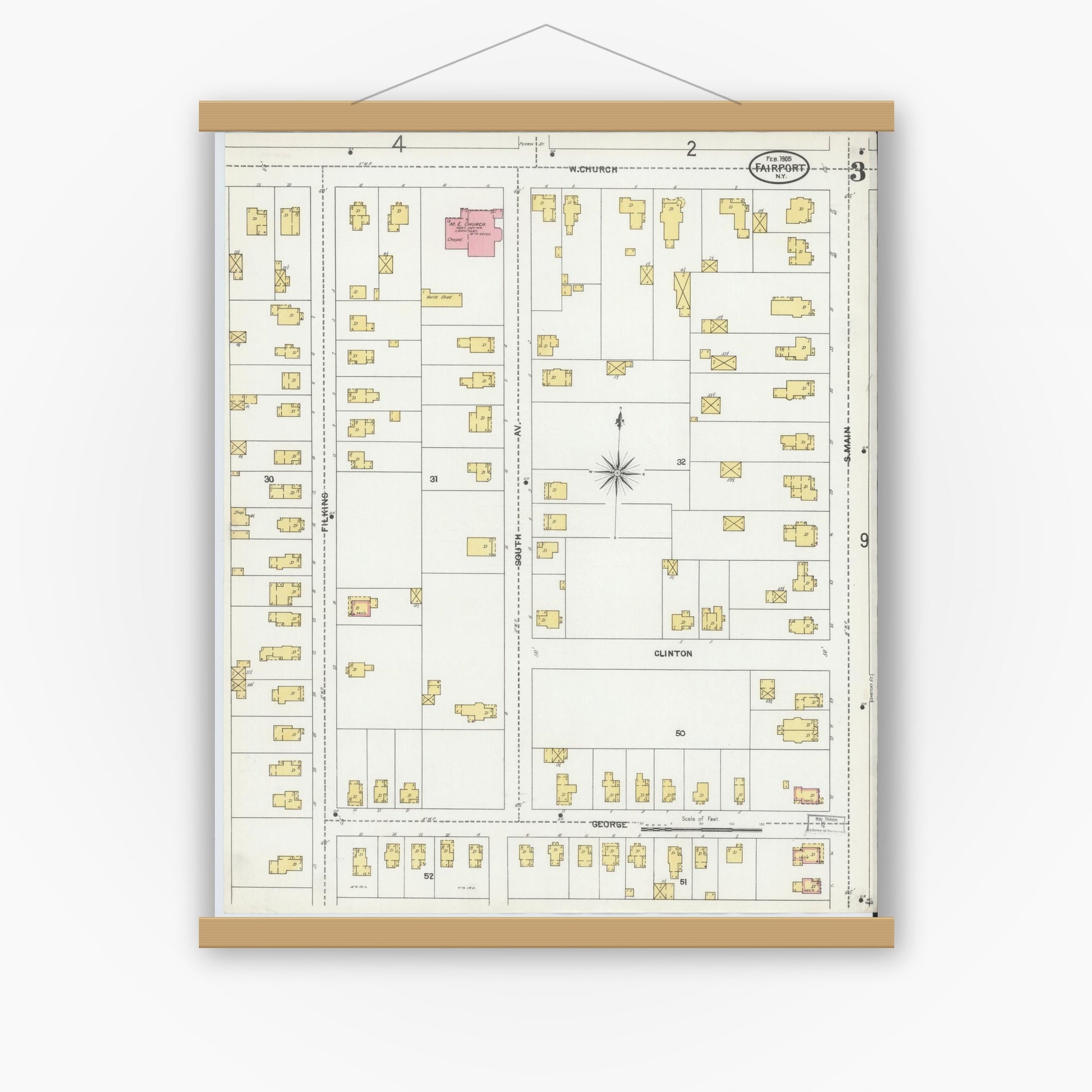 Old map wall art mockup — magnetic wood frame on white wall — Sanborn Fire Insurance Map from Fairport, Monroe County, New York (1905), Sheet #0003
