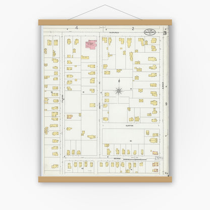 Old map wall art mockup — magnetic wood frame on white wall — Sanborn Fire Insurance Map from Fairport, Monroe County, New York (1905), Sheet #0003