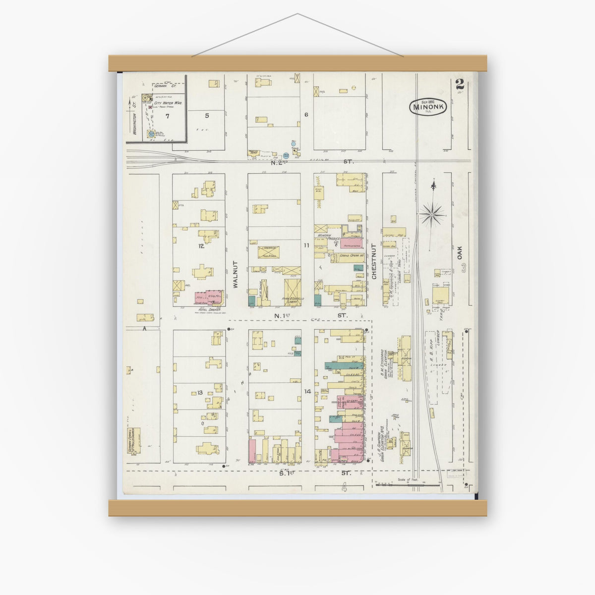 Old map wall art mockup — magnetic wood frame on white wall — Sanborn Fire Insurance Map from Minonk, Woodford County, Illinois (1892), Sheet #0002