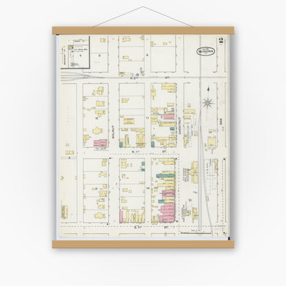 Old map wall art mockup — magnetic wood frame on white wall — Sanborn Fire Insurance Map from Minonk, Woodford County, Illinois (1892), Sheet #0002