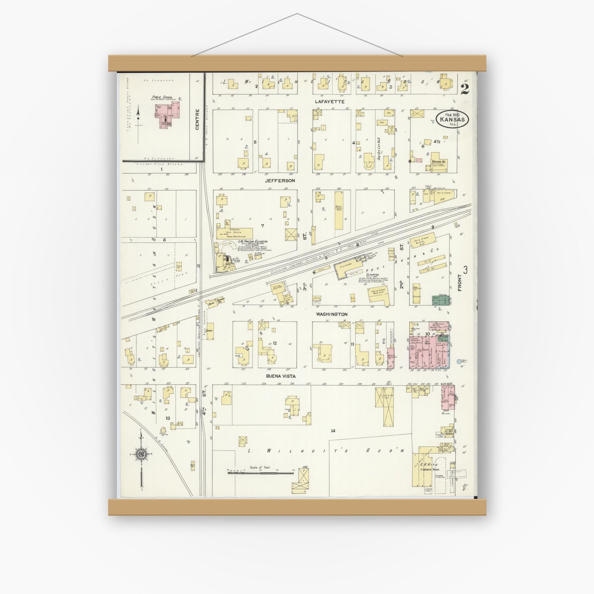 Old map wall art mockup — magnetic wood frame on white wall — Sanborn Fire Insurance Map from Kansas, Edgar County, Illinois (1910), Sheet #0002