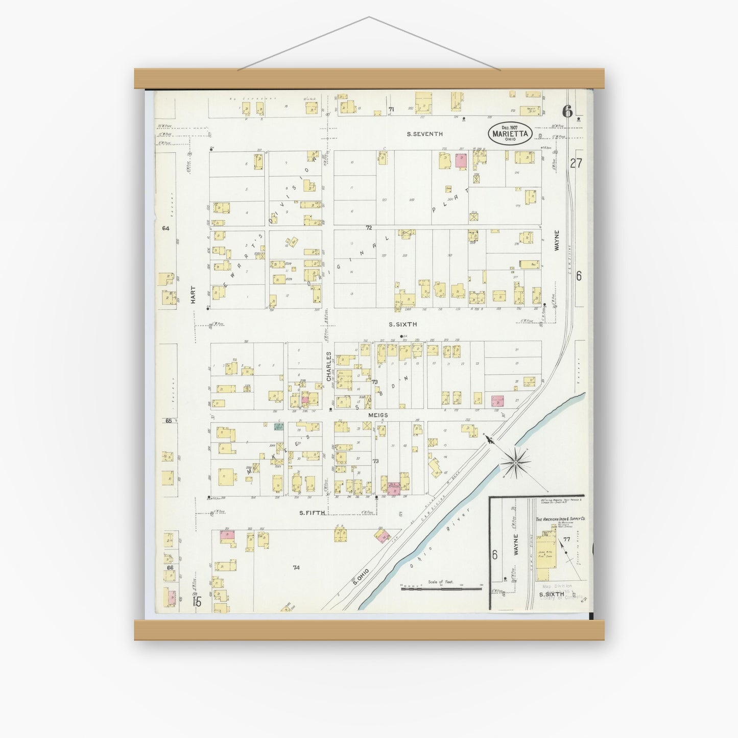 Old map wall art mockup — magnetic wood frame on white wall — Sanborn Fire Insurance Map from Marietta, Washington County, Ohio (1907), Sheet #0006