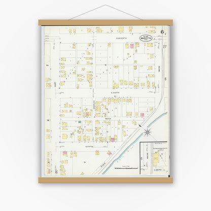 Old map wall art mockup — magnetic wood frame on white wall — Sanborn Fire Insurance Map from Marietta, Washington County, Ohio (1907), Sheet #0006