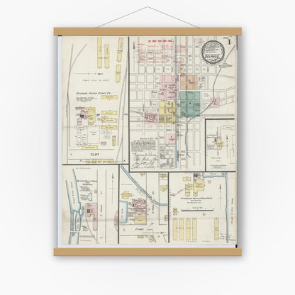 Old map wall art mockup — magnetic wood frame on white wall — Sanborn Fire Insurance Map from Delphos, Van Wert And Allen Counties, Ohio (1888), Sheet #0001