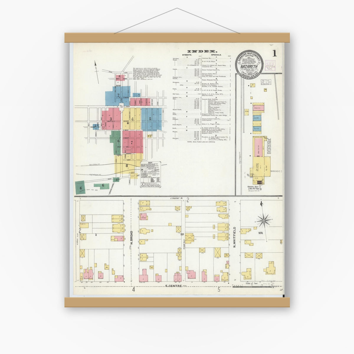 Old map wall art mockup — magnetic wood frame on white wall — Sanborn Fire Insurance Map from Nazareth, Northampton County, Pennsylvania (1904), Sheet #0001