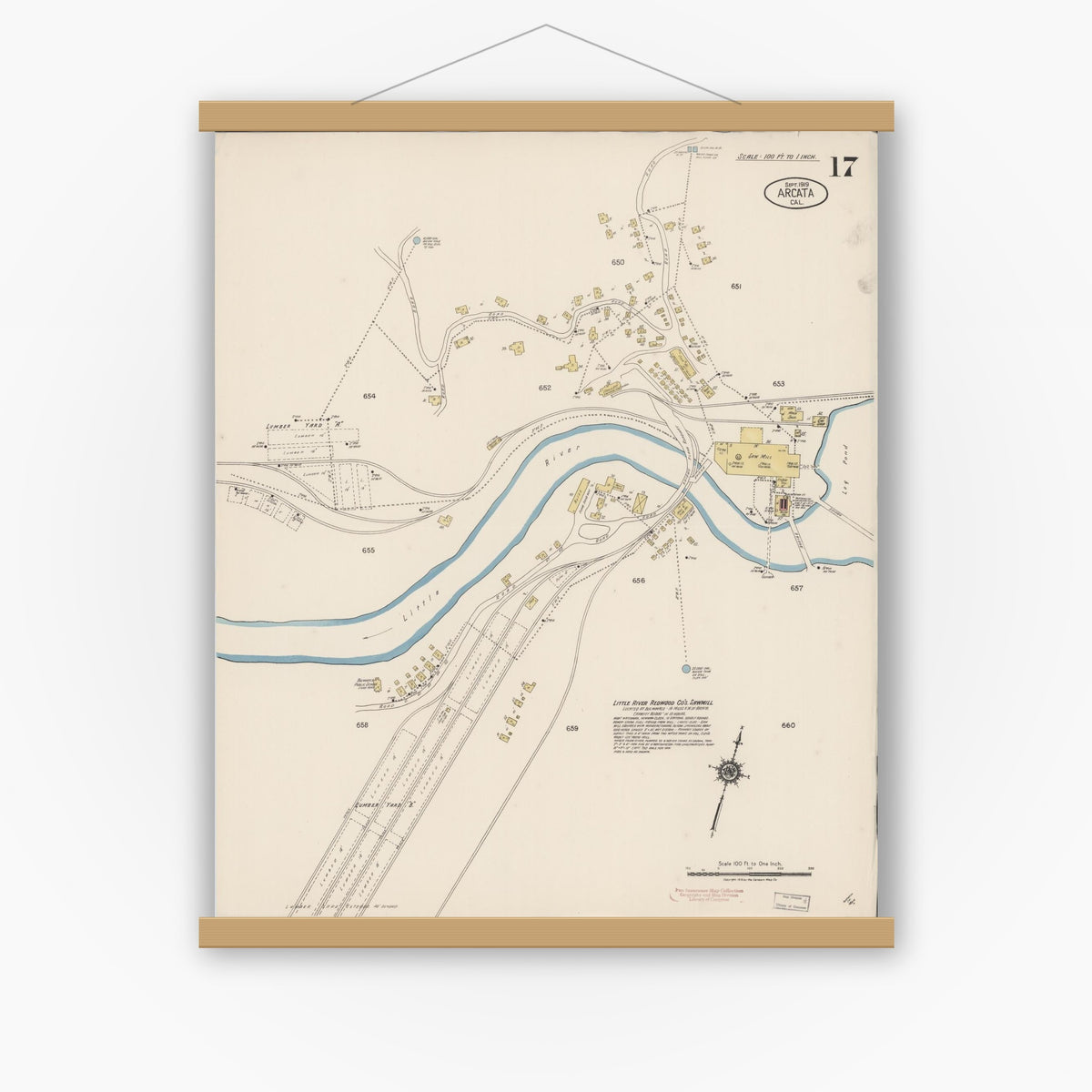 Old map wall art mockup — magnetic wood frame on white wall — Sanborn Fire Insurance Map from Arcata, Humboldt County, California (1919), Sheet #0017