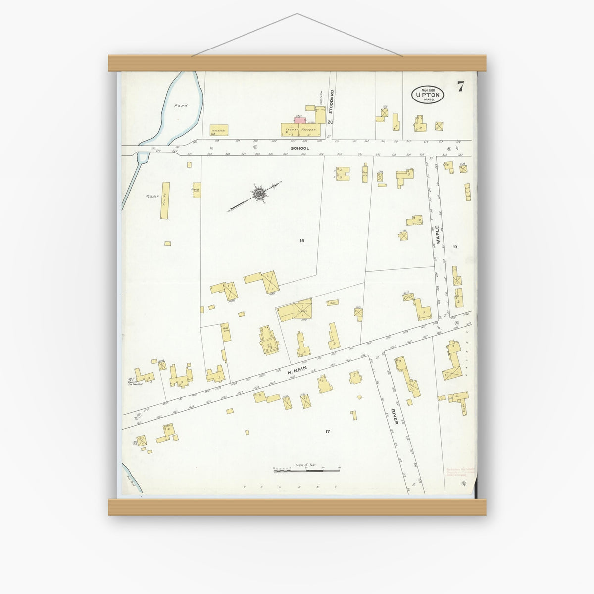 Old map wall art mockup — magnetic wood frame on white wall — Sanborn Fire Insurance Map from Upton, Worcester County, Massachusetts (1910), Sheet #0007
