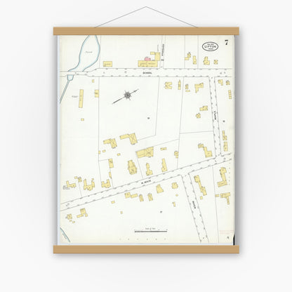 Old map wall art mockup — magnetic wood frame on white wall — Sanborn Fire Insurance Map from Upton, Worcester County, Massachusetts (1910), Sheet #0007