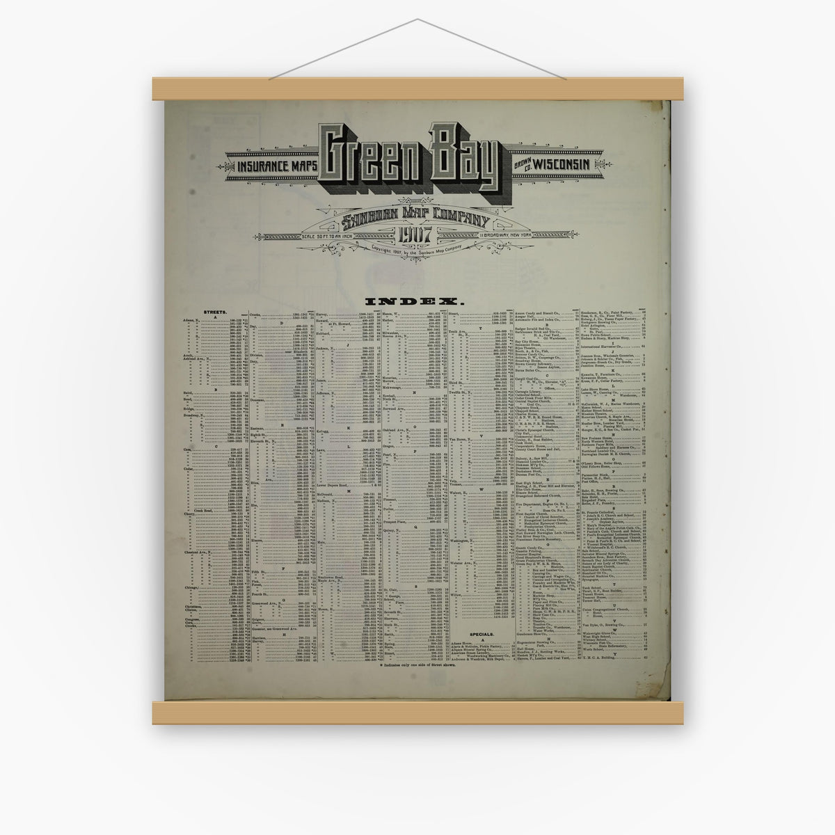 Old map wall art mockup — magnetic wood frame on white wall — Sanborn Fire Insurance Map from Green Bay, Brown County, Wisconsin (1907), Sheet #0001