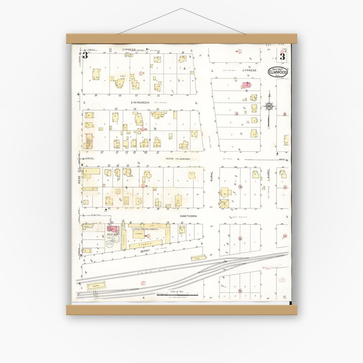 Old map wall art mockup — magnetic wood frame on white wall — Sanborn Fire Insurance Map from Elmwood, Peoria County, Illinois (1944), Sheet #0003