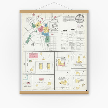 Old map wall art mockup — magnetic wood frame on white wall — Sanborn Fire Insurance Map from High Point, Guilford County, North Carolina (1902) - Complete Map Set