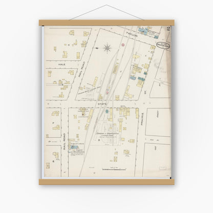 Old map wall art mockup — magnetic wood frame on white wall — Sanborn Fire Insurance Map from Marengo, McHenry County, Illinois (1885), Sheet #0002