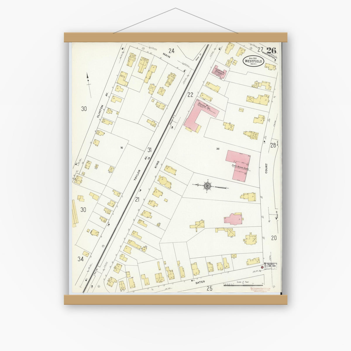 Old map wall art mockup — magnetic wood frame on white wall — Sanborn Fire Insurance Map from Westfield, Hampden County, Massachusetts (1910), Sheet #0026
