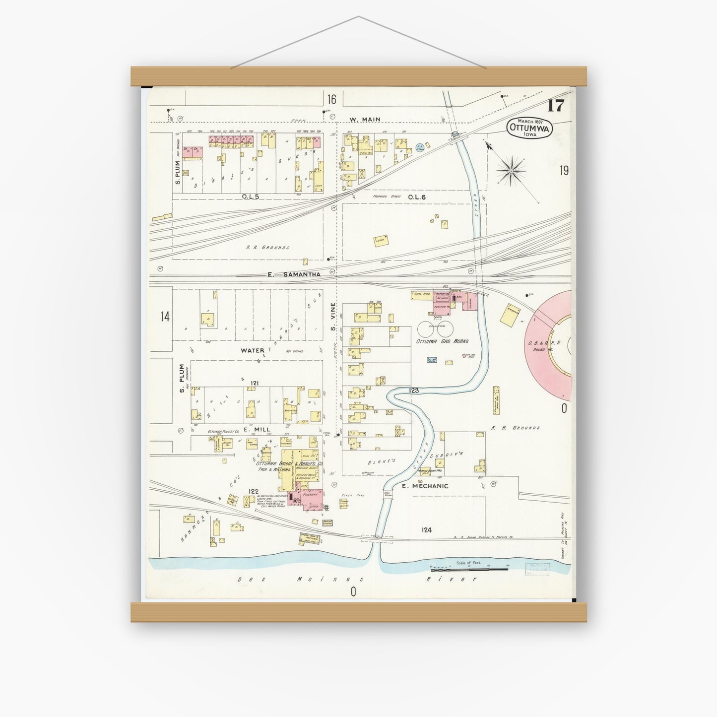 Old map wall art mockup — magnetic wood frame on white wall — Sanborn Fire Insurance Map from Ottumwa, Wapello County, Iowa (1897), Sheet #0017