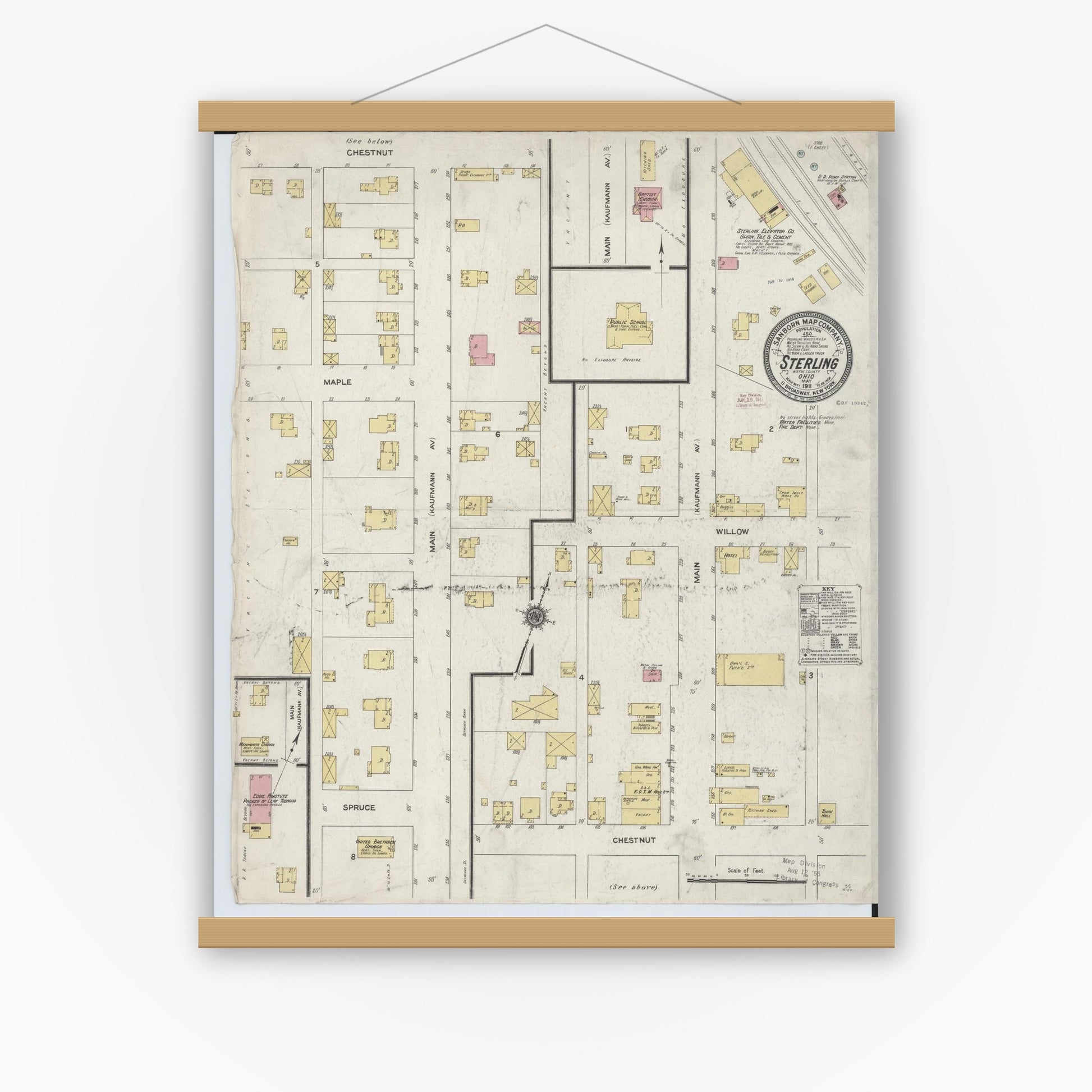 Old map wall art mockup — magnetic wood frame on white wall — Sanborn Fire Insurance Map from Sterling, Wayne County, Ohio (1911), Sheet #0001