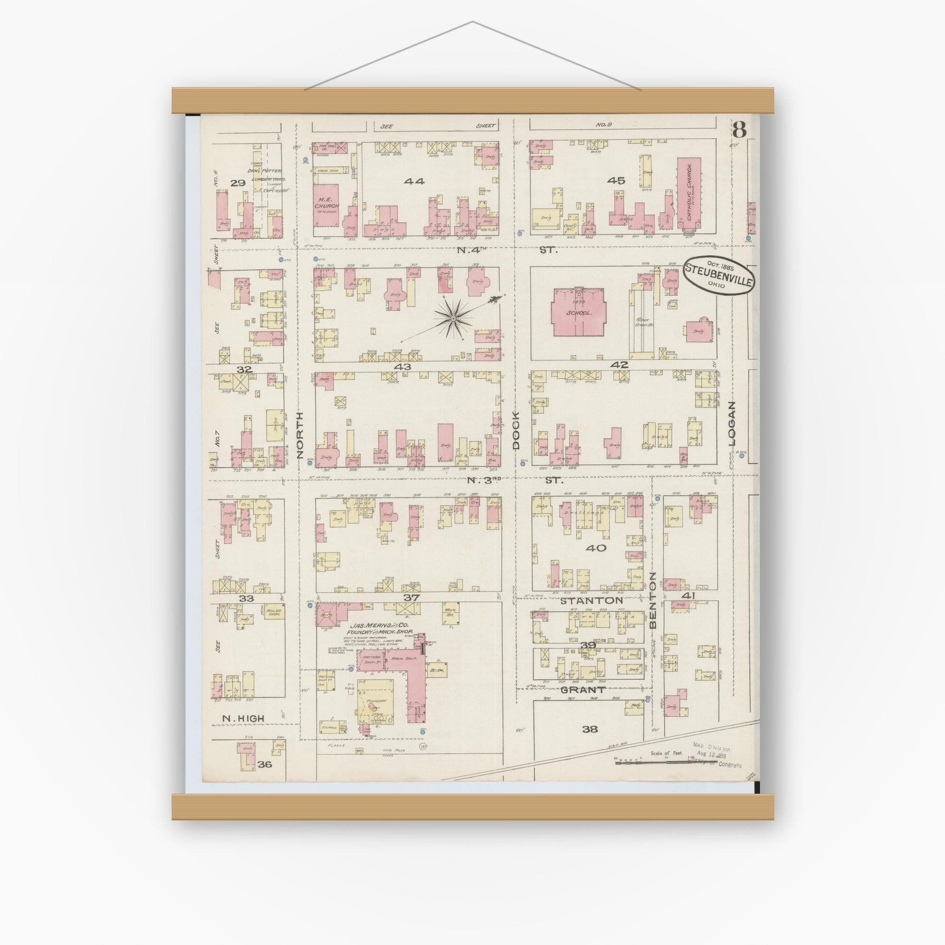Old map wall art mockup — magnetic wood frame on white wall — Sanborn Fire Insurance Map from Steubenville, Jefferson County, Ohio (1885), Sheet #0008