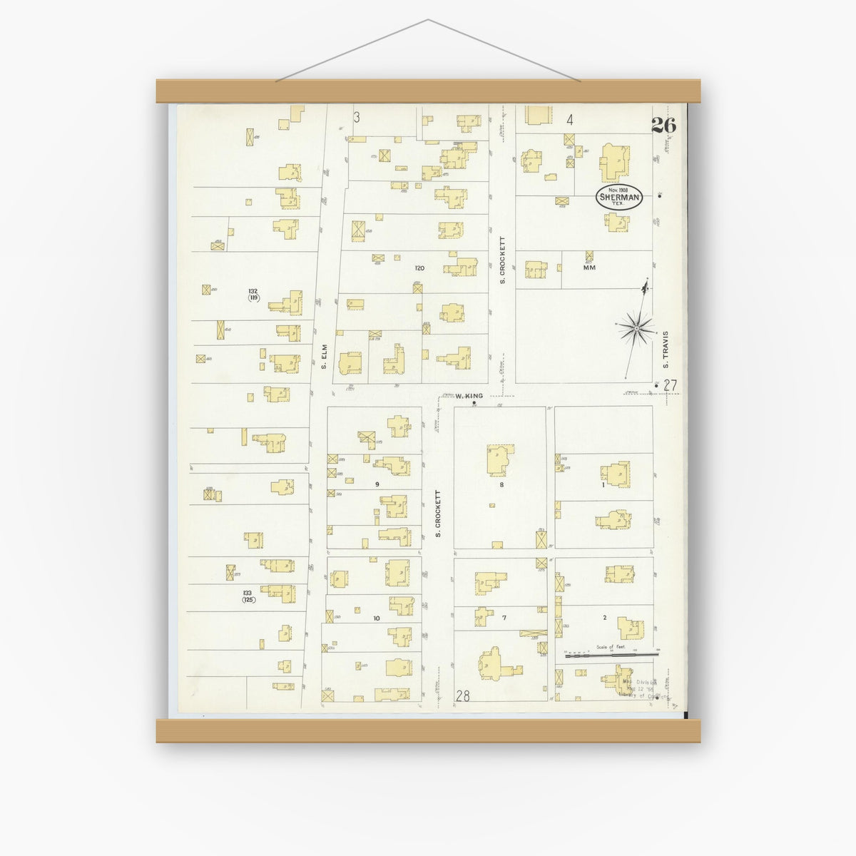 Old map wall art mockup — magnetic wood frame on white wall — Sanborn Fire Insurance Map from Sherman, Grayson County, Texas (1908), Sheet #0026