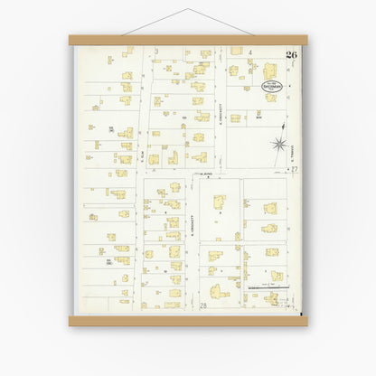 Old map wall art mockup — magnetic wood frame on white wall — Sanborn Fire Insurance Map from Sherman, Grayson County, Texas (1908), Sheet #0026
