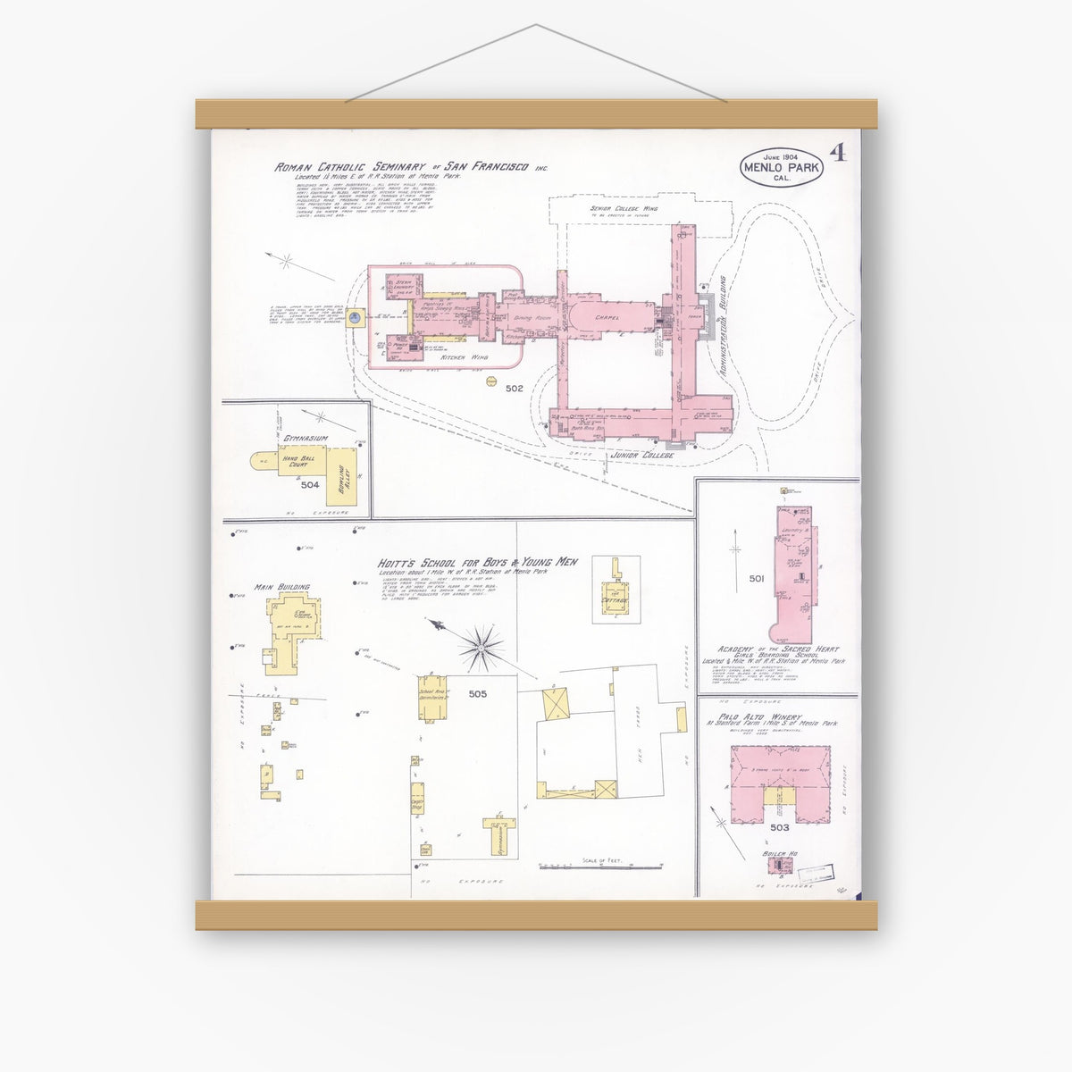Old map wall art mockup — magnetic wood frame on white wall — Sanborn Fire Insurance Map from Menlo Park, San Mateo County, California (1904), Sheet #0004