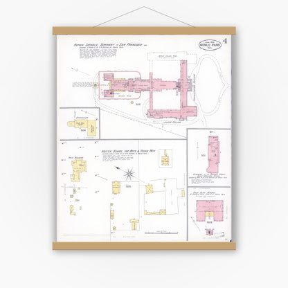 Old map wall art mockup — magnetic wood frame on white wall — Sanborn Fire Insurance Map from Menlo Park, San Mateo County, California (1904), Sheet #0004