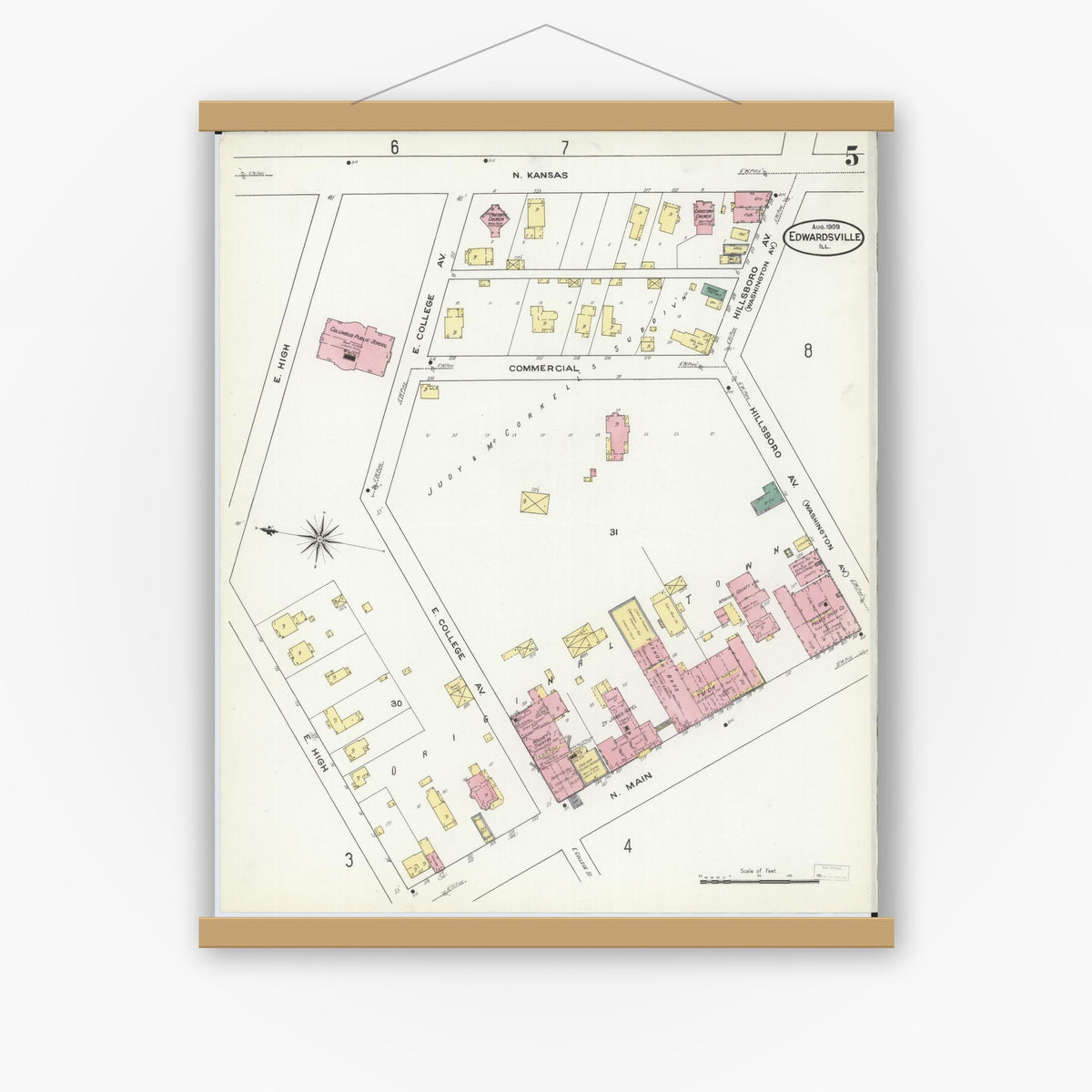 Old map wall art mockup — magnetic wood frame on white wall — Sanborn Fire Insurance Map from Edwardsville, Madison County, Illinois (1909), Sheet #0005