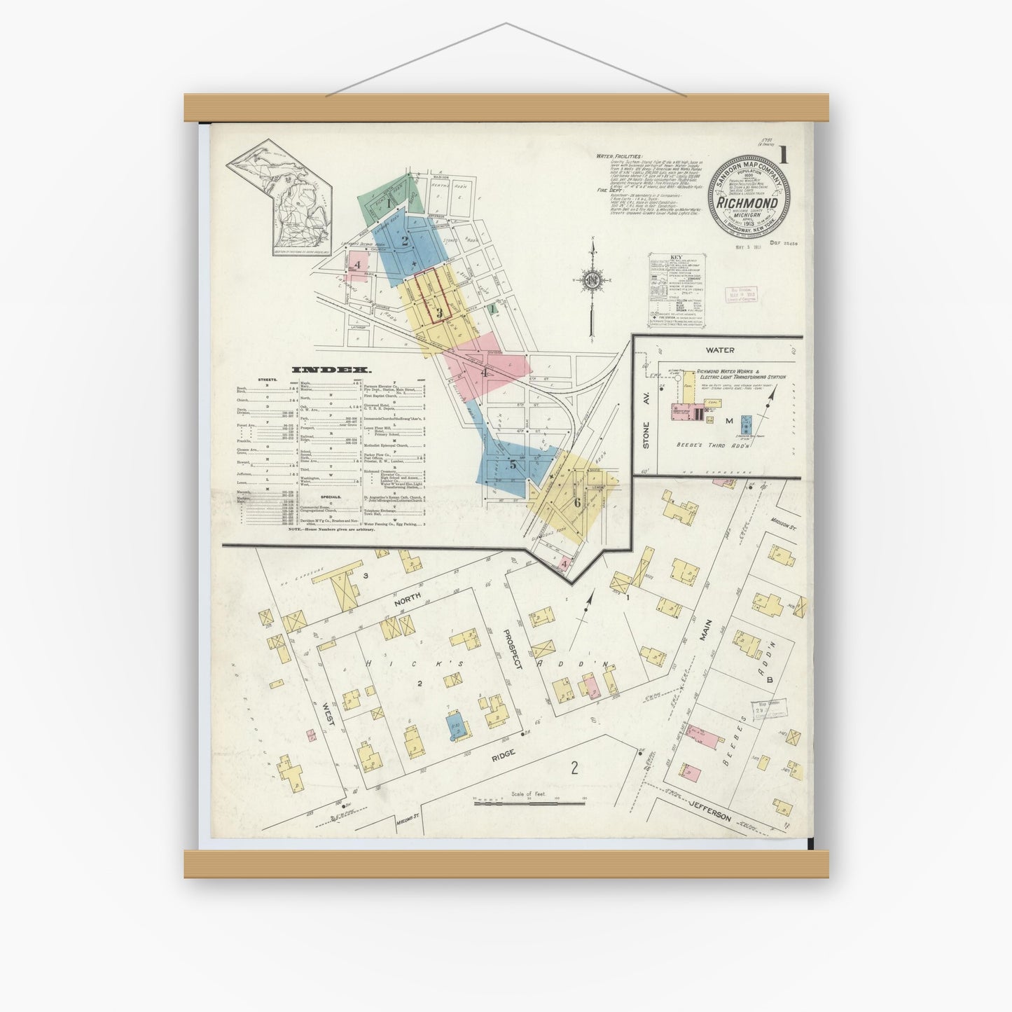 Old map wall art mockup — magnetic wood frame on white wall — Sanborn Fire Insurance Map from Richmond, Macomb County, Michigan (1913) - Complete Map Set