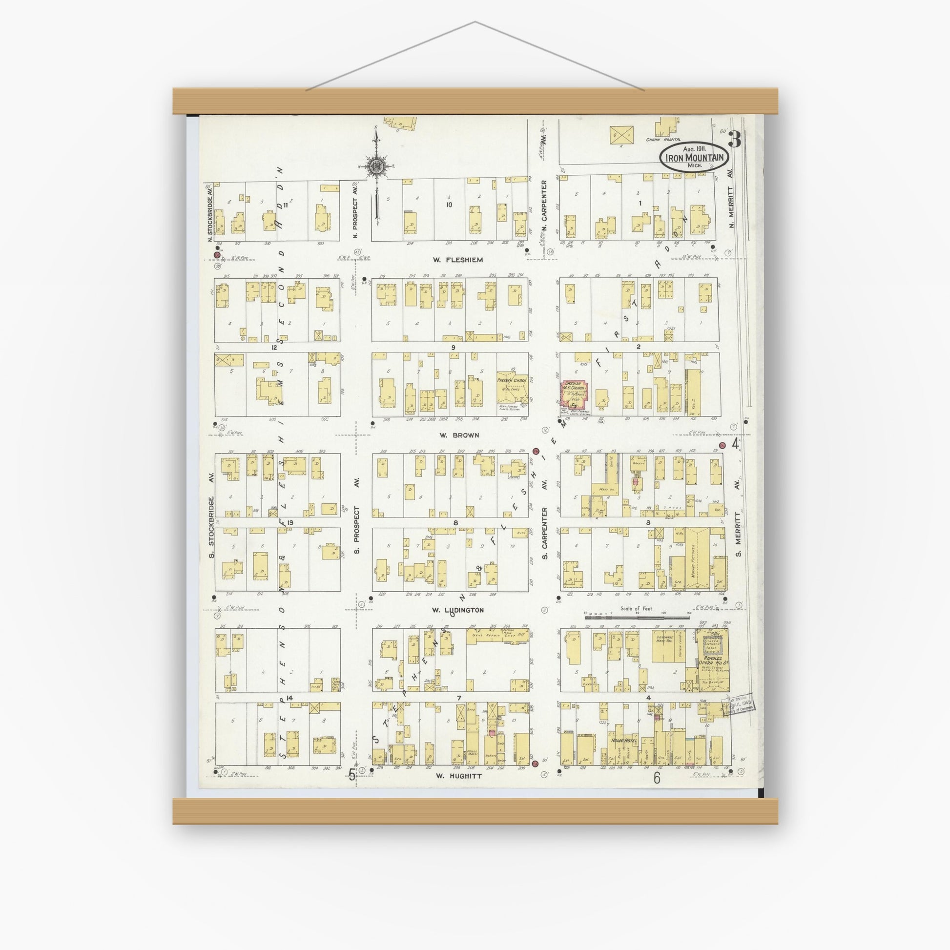 Old map wall art mockup — magnetic wood frame on white wall — Sanborn Fire Insurance Map from Iron Mountain, Dickinson County, Michigan (1911), Sheet #0003