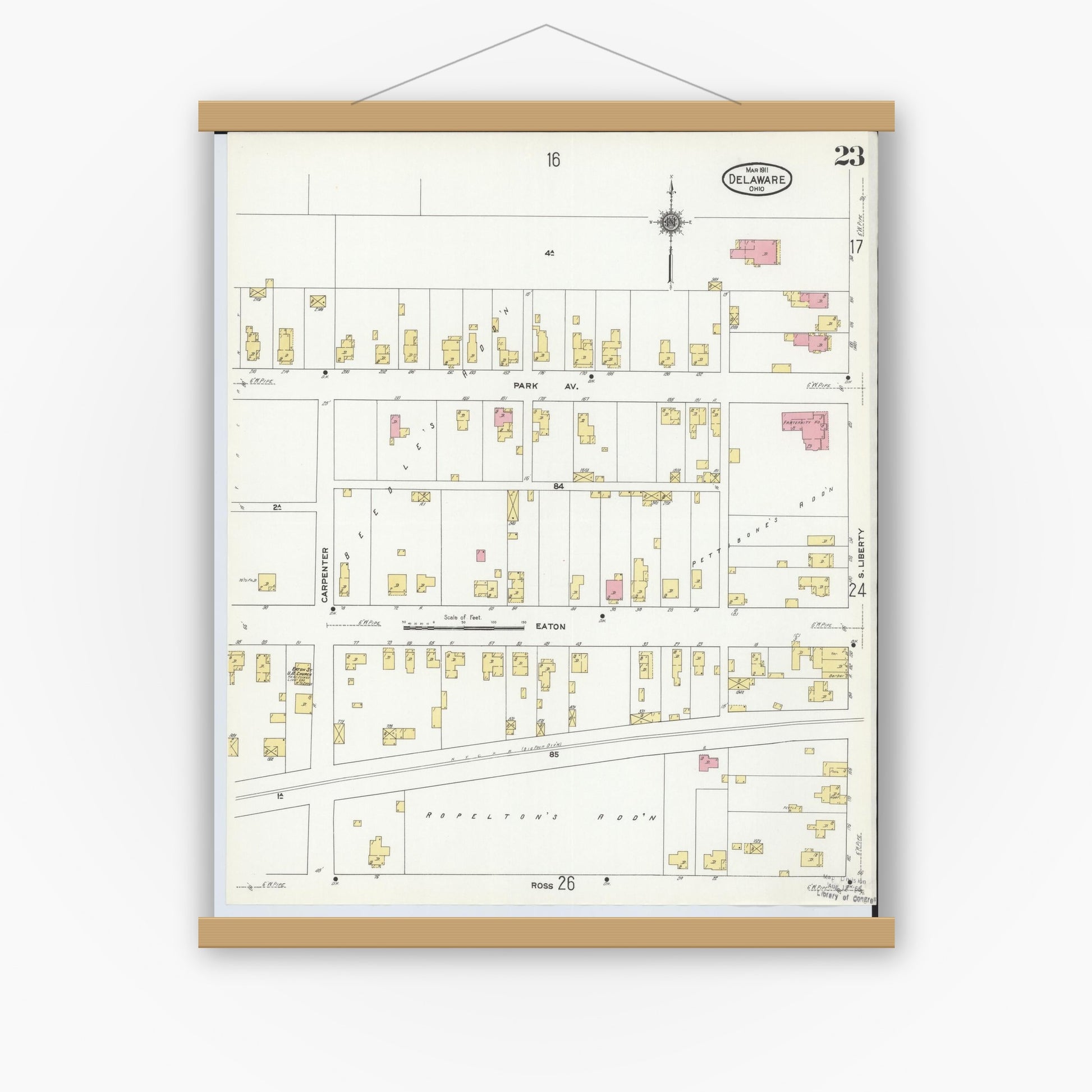 Old map wall art mockup — magnetic wood frame on white wall — Sanborn Fire Insurance Map from Delaware, Delaware County, Ohio (1911), Sheet #0023