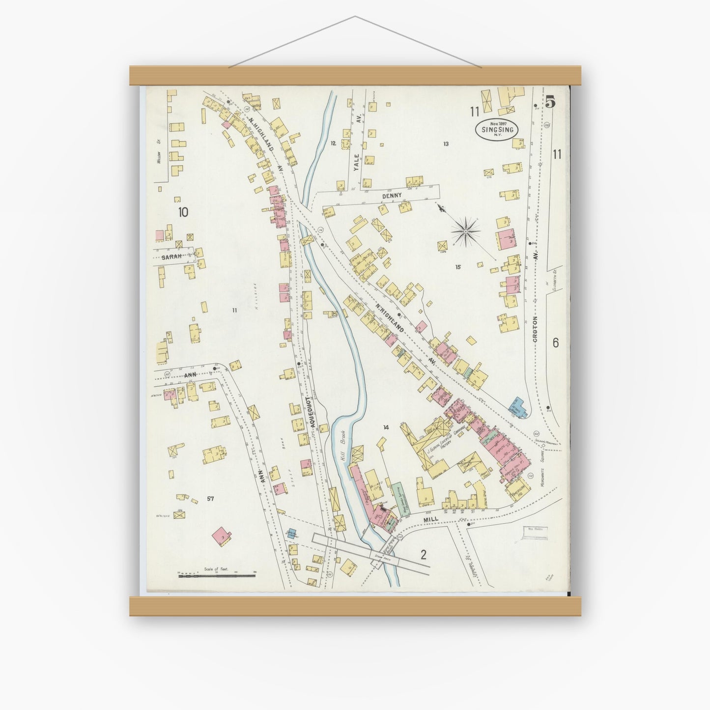 Old map wall art mockup — magnetic wood frame on white wall — Sanborn Fire Insurance Map from Sing Sing, Westchester County, New York (1897), Sheet #0005