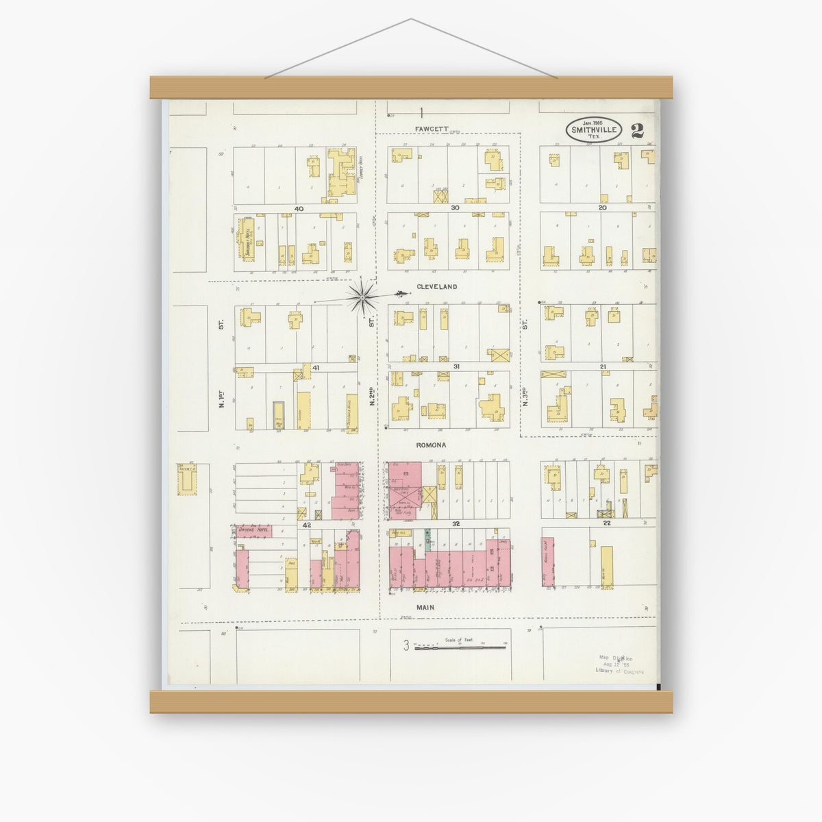 Old map wall art mockup — magnetic wood frame on white wall — Sanborn Fire Insurance Map from Smithville, Bastrop County, Texas (1905), Sheet #0002