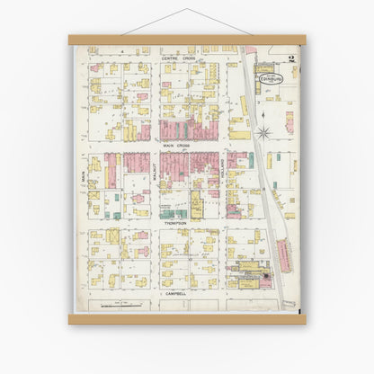 Old map wall art mockup — magnetic wood frame on white wall — Sanborn Fire Insurance Map from Edinburg, Johnson And Bartholomew Counties, Indiana (1892), Sheet #0002
