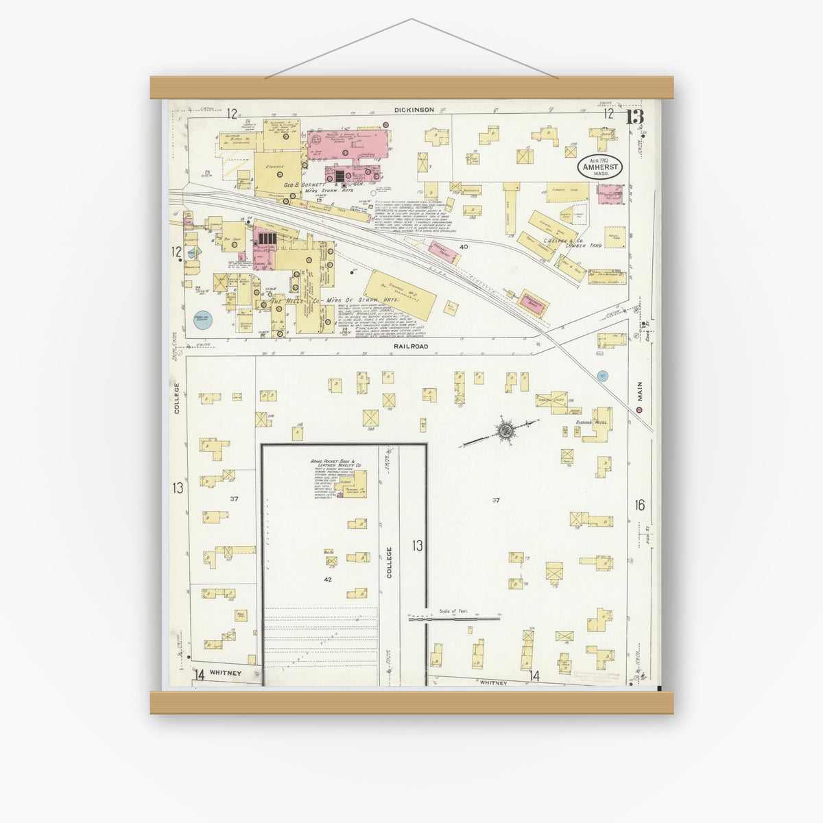 Old map wall art mockup — magnetic wood frame on white wall — Sanborn Fire Insurance Map from Amherst, Hampshire County, Massachusetts (1910), Sheet #0013