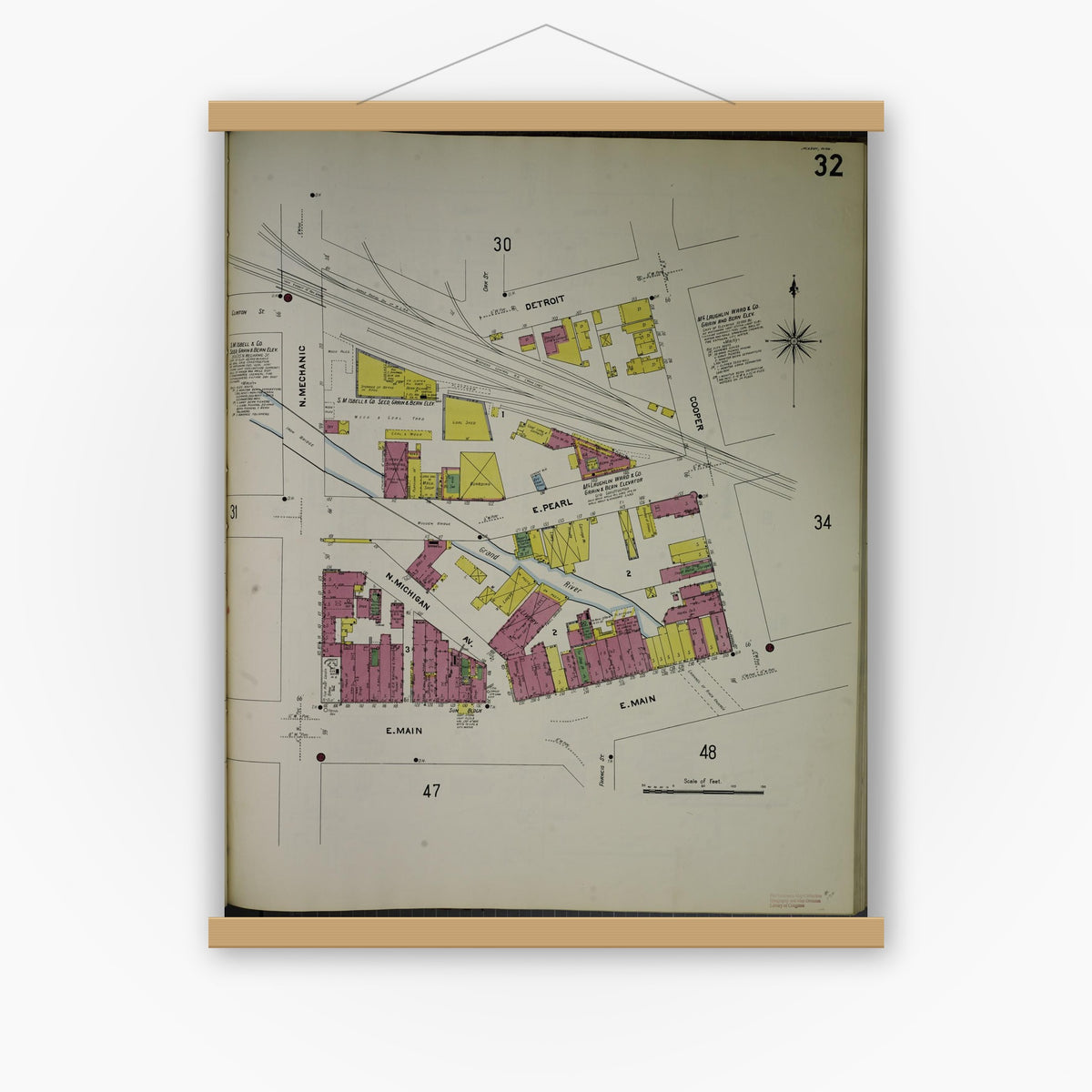 Old map wall art mockup — magnetic wood frame on white wall — Sanborn Fire Insurance Map from Jackson, Jackson County, Michigan (1907), Sheet #0032