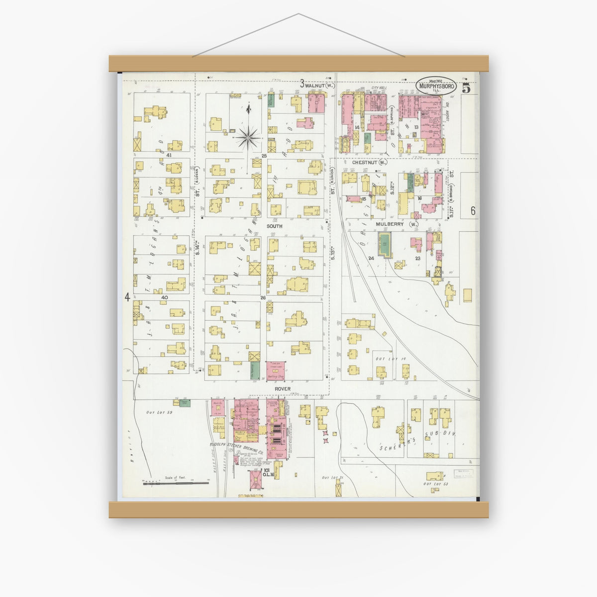 Old map wall art mockup — magnetic wood frame on white wall — Sanborn Fire Insurance Map from Murphysboro, Jackson County, Illinois (1902), Sheet #0005