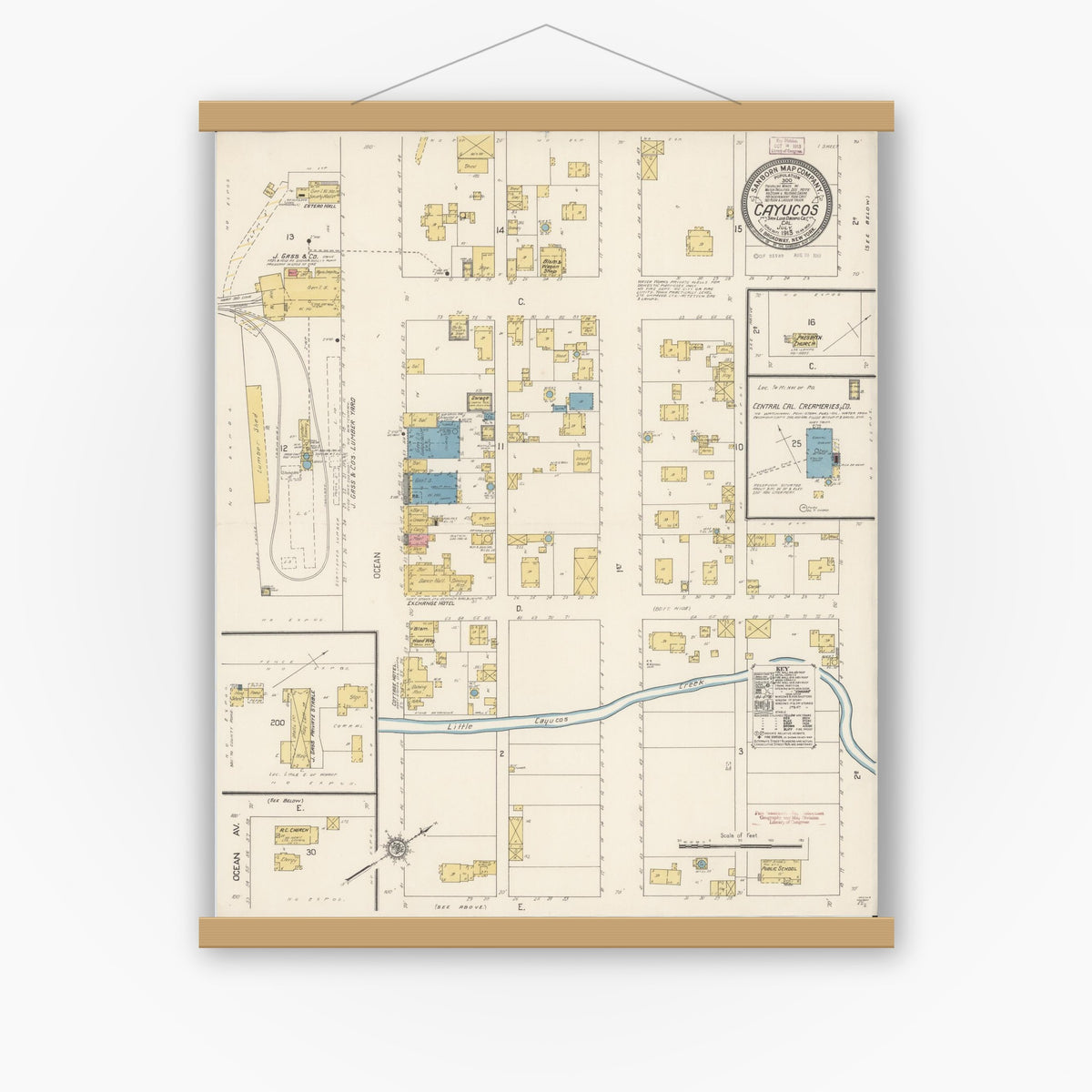 Old map wall art mockup — magnetic wood frame on white wall — Sanborn Fire Insurance Map from Cayucos, San Luis Obispo County, California (1913), Sheet #0001